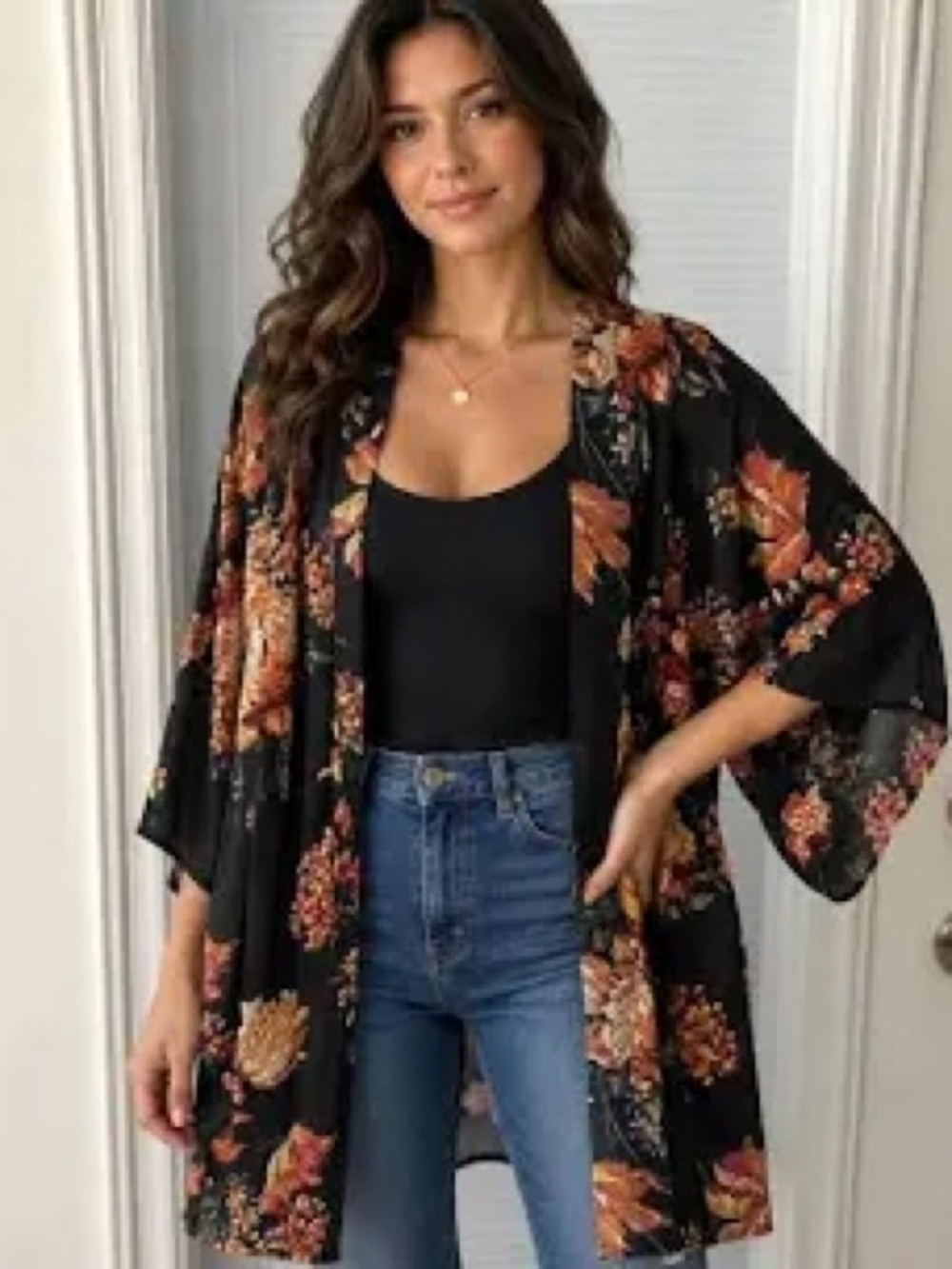Umgee Black Floral Kimono with Orange & Rust Blooms